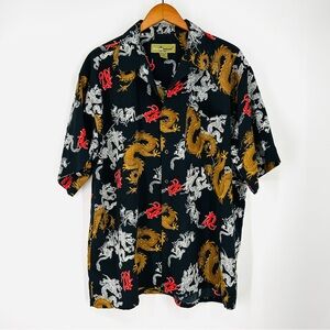 Retro Vtg Y2K North Peak Dragon Print Black Multicolor Men Shirt Hawaiian Artsy